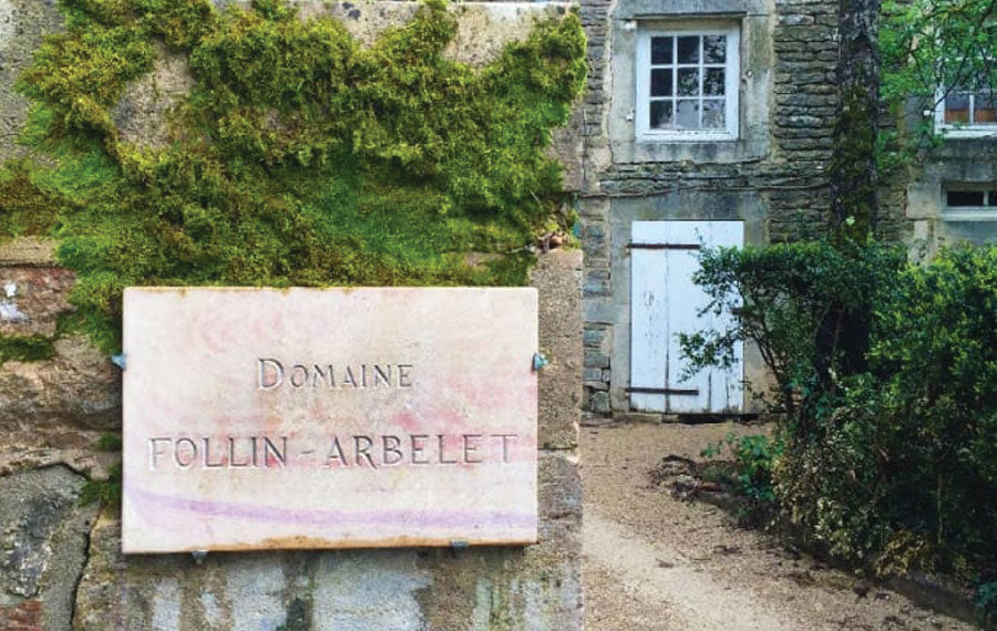 Domaine Follin-Arbelet estate sign and historic Burgundy architecture