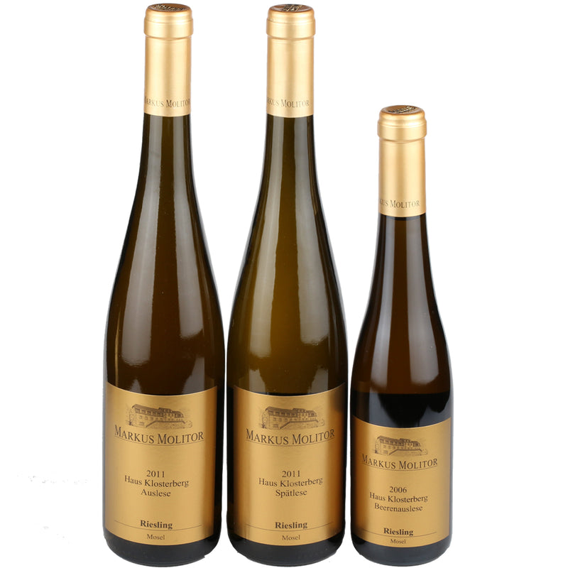 Markus Molitor Haus Klosterberg Riesling Golden Label Giftbox Collection Gift Box
(Auslese Sweet 2011 x 1 / Spatlese Sweet 2011 x 1 / Beerenauslese Sweet half bottle 2006 x 1)